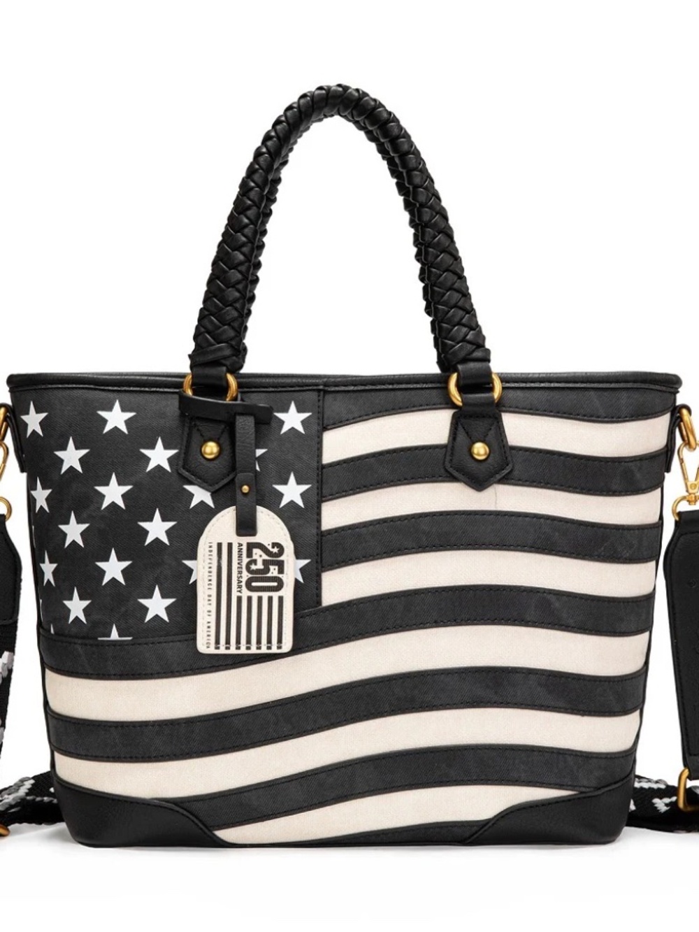Montana West American Flag Braided Concealed Carry Tote Bag Black